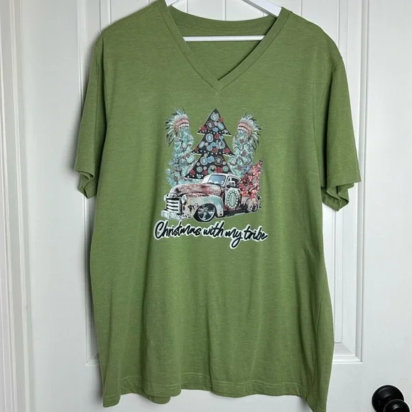 Boutique Holiday country Christmas Tribe green Bella canvas vneck graphic tee 2X - Picture 2 of 5